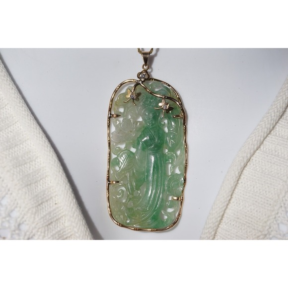 Antique 14k Solid Gold Natural Untreated Jadeite Jade & Diamond Pendant 28g - Picture 13 of 14
